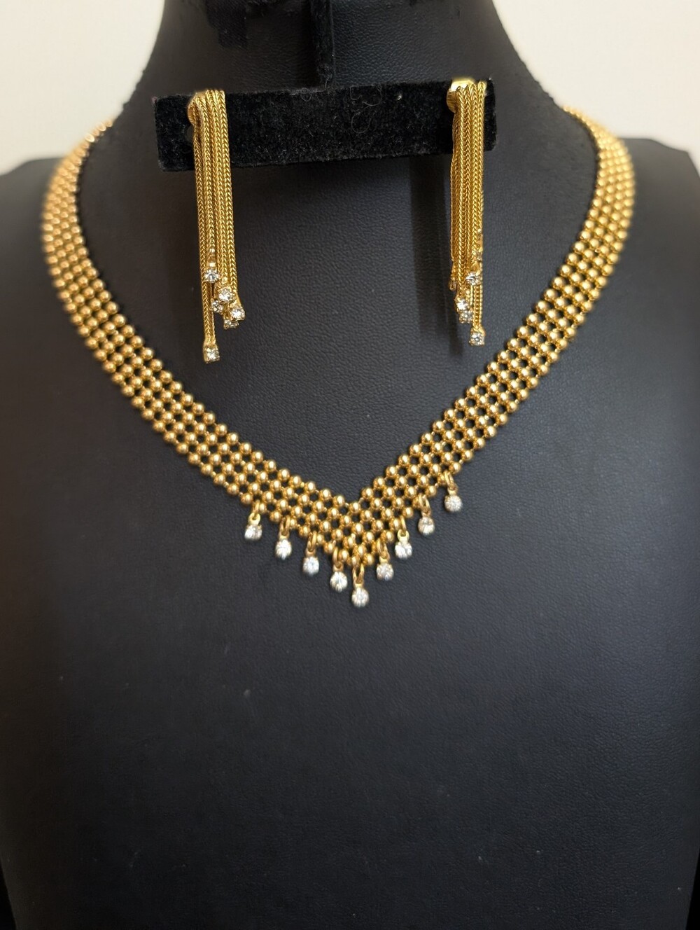 Gorgeous Vintage Gold Crystal Fringe Necklace and Earrings Set